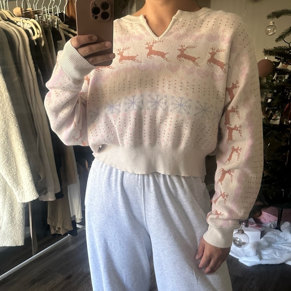Cotton On Reindeer Fairisle Cream Semi Cropped Sweater Size M